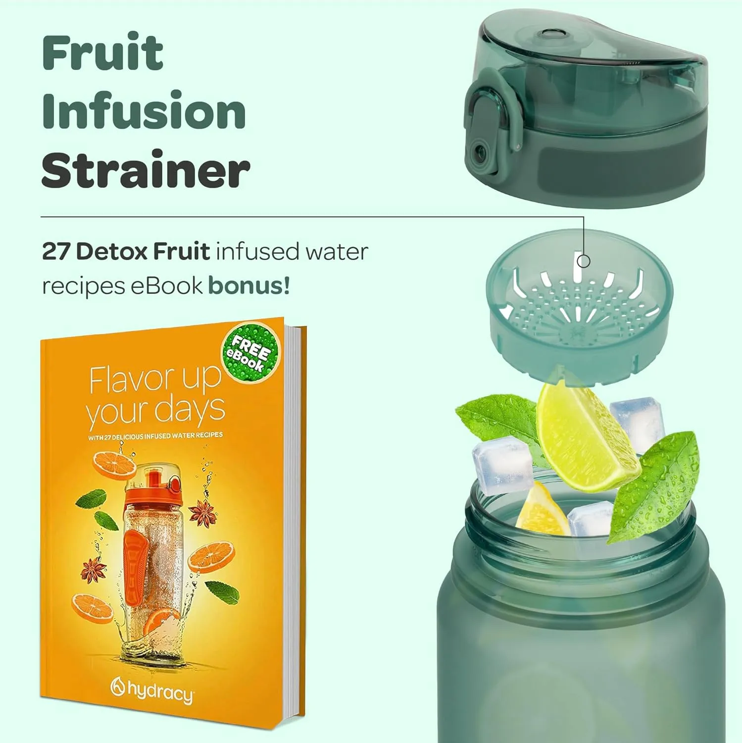 Hydracy Water Bottle with Time Marker -Large BPA Free Water Bottle & No Sweat Sleeve -Leak Proof Gym Bottle with Fruit Infuser Strainer & Times to Drink -Ideal for Fitness Sports & Outdoors