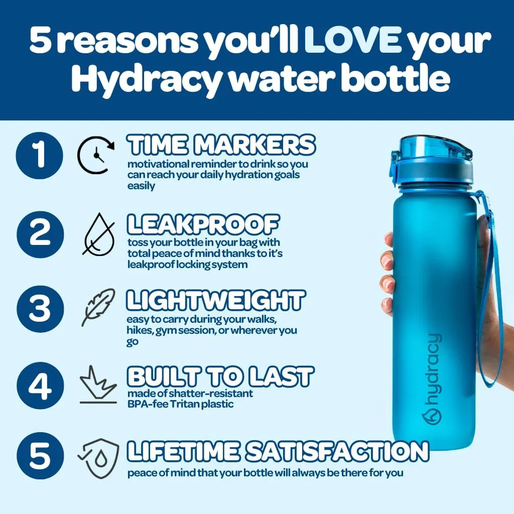 Hydracy Water Bottle with Time Marker -Large BPA Free Water Bottle & No Sweat Sleeve -Leak Proof Gym Bottle with Fruit Infuser Strainer & Times to Drink -Ideal for Fitness Sports & Outdoors