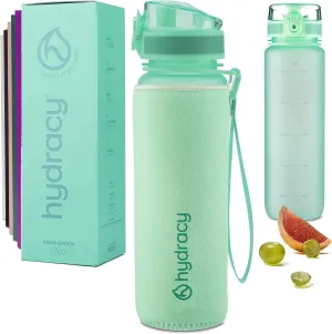 Hydracy Water Bottle with Time Marker -Large BPA Free Water Bottle & No Sweat Sleeve -Leak Proof Gym Bottle with Fruit Infuser Strainer & Times to Drink -Ideal for Fitness Sports & Outdoors