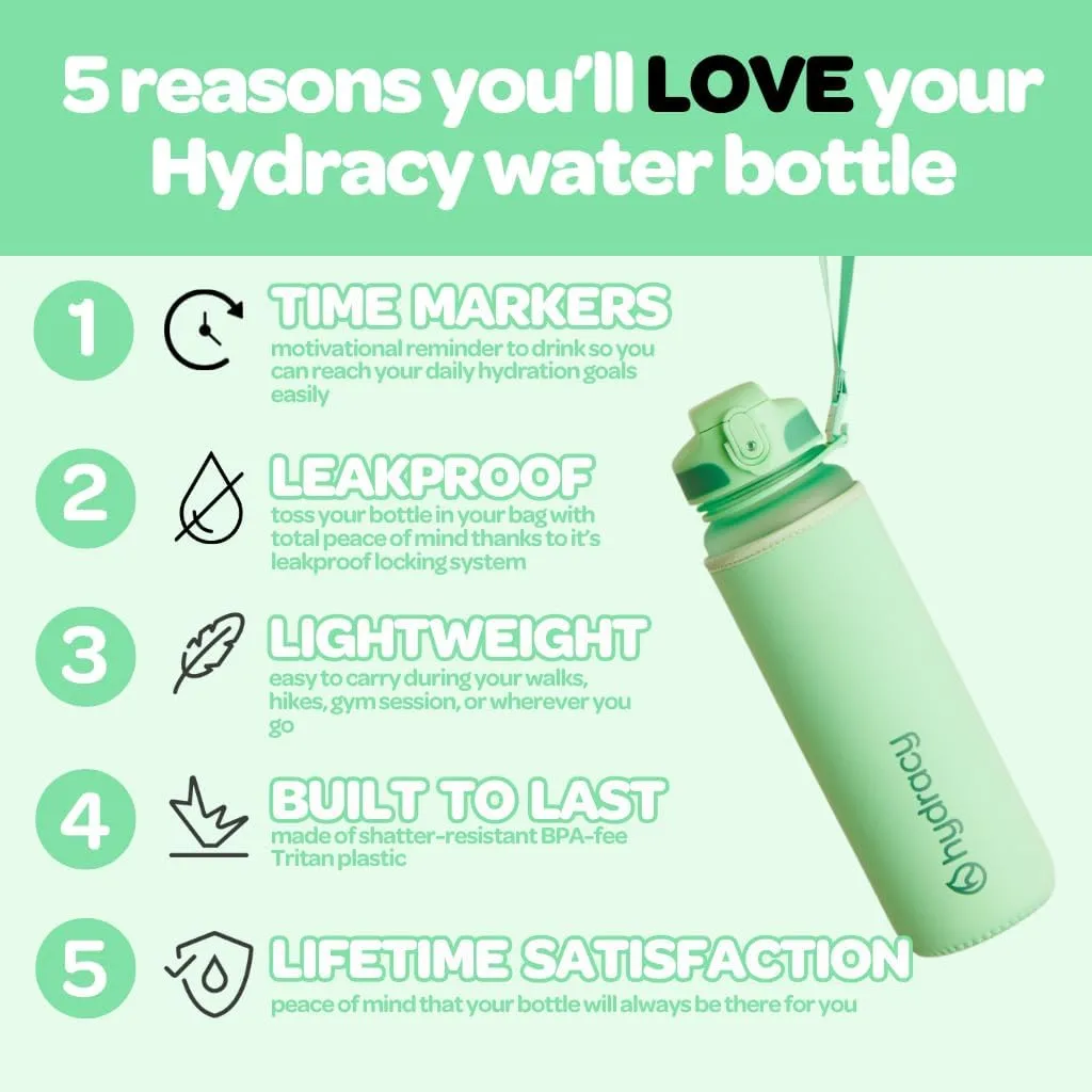 Hydracy Water Bottle with Time Marker -Large BPA Free Water Bottle & No Sweat Sleeve -Leak Proof Gym Bottle with Fruit Infuser Strainer & Times to Drink -Ideal for Fitness Sports & Outdoors