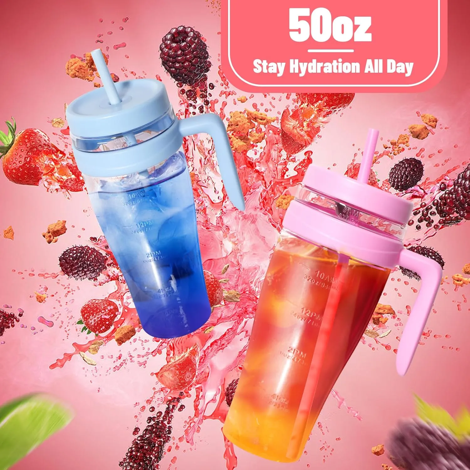 Hydraful 50 oz Tritan Plastic Tumbler with Lid and Straw and Handle - 100% Leak-Proof - Perfect for Iced Coffee, Smoothies, and Juice - Wide Mouth Reusable Water Bottle with Time Marker