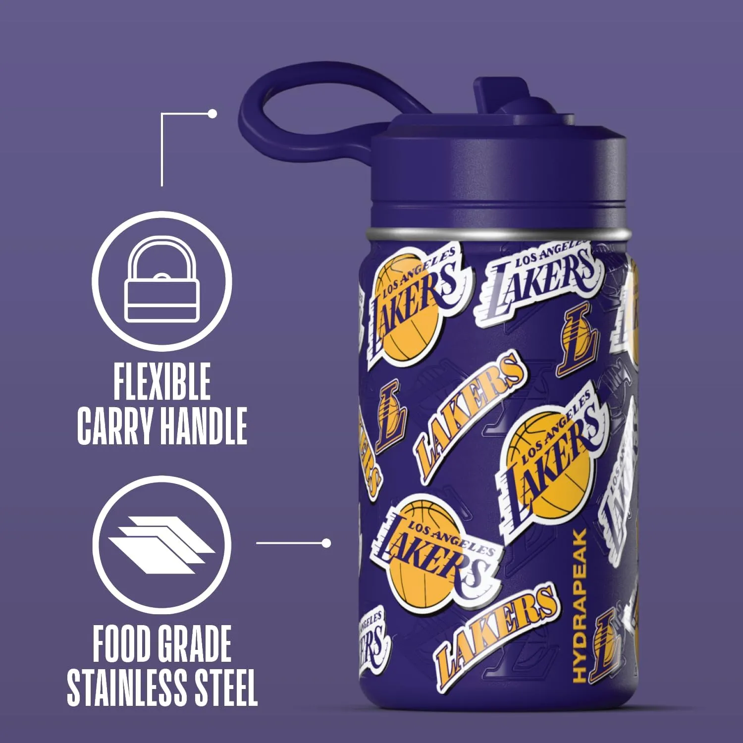 Hydrapeak x NBA Officially Licensed Los Angeles Lakers 14oz Mini Kids Water Bottle with Straw Lid and Handle Reusable Stainless Steel Double Wall Insulated Spill Proof Sports Gift for Boys Girls