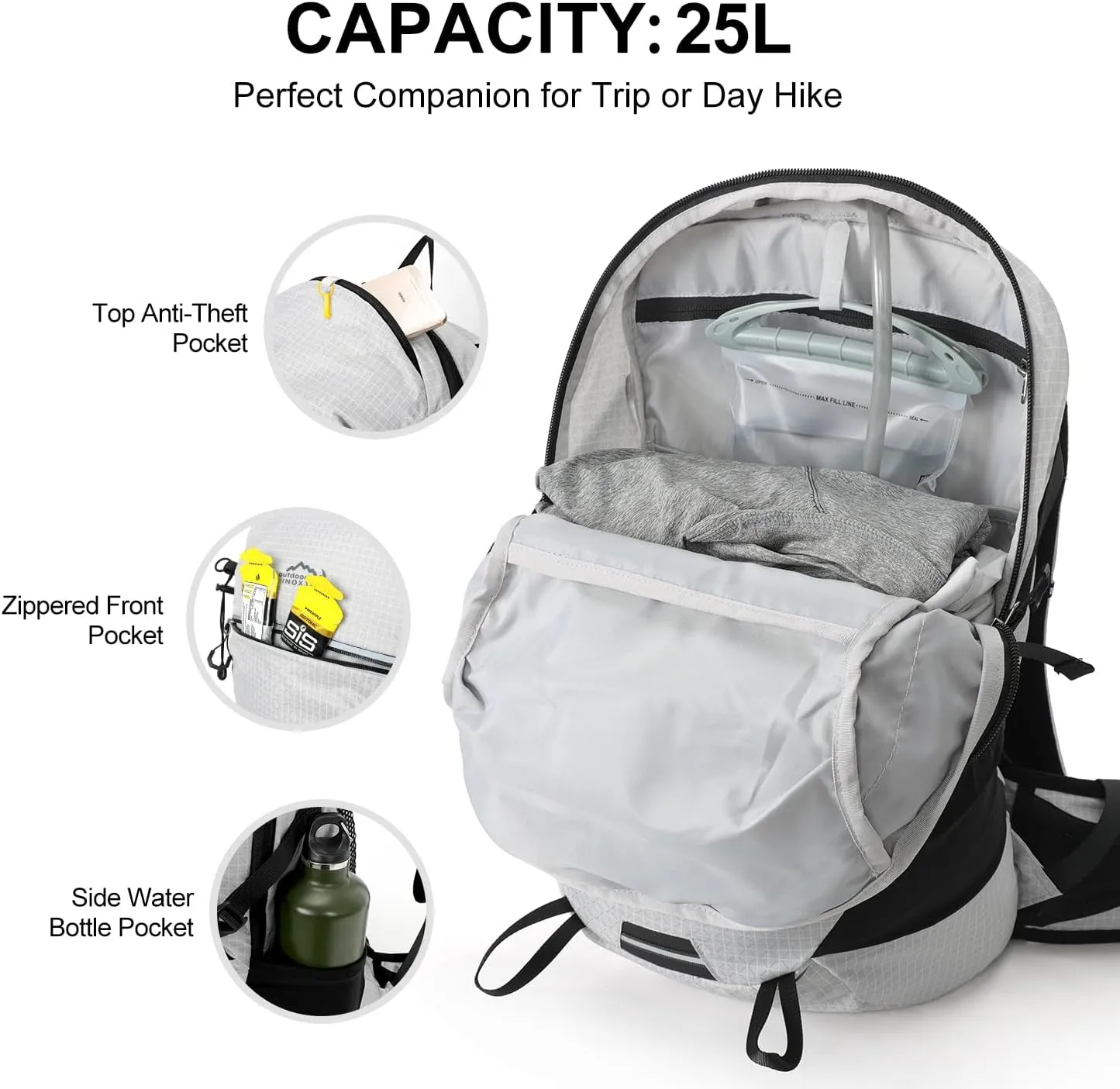 Hydration Backpack, 25L Hiking Backpack with 3L Water Bladder and Rain Cover, Hiking Water Backpack Men Women Lightweight Hydration Pack for Hiking, Cycling, Climbing, Camping