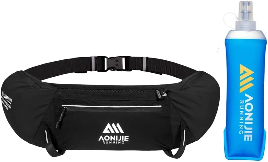 Hydration Running Belt Adjustable, Reflective & Lightweight Runners Waist Pouch for Men Womens, for Marathon Running Hiking Camping (A-Black 500ml Flask)