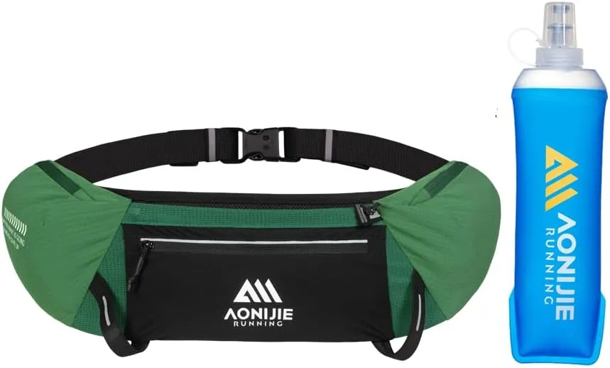 Hydration Running Belt Adjustable, Reflective & Lightweight Runners Waist Pouch for Men Womens, for Marathon Running Hiking Camping (A-Green 500ml Flask)