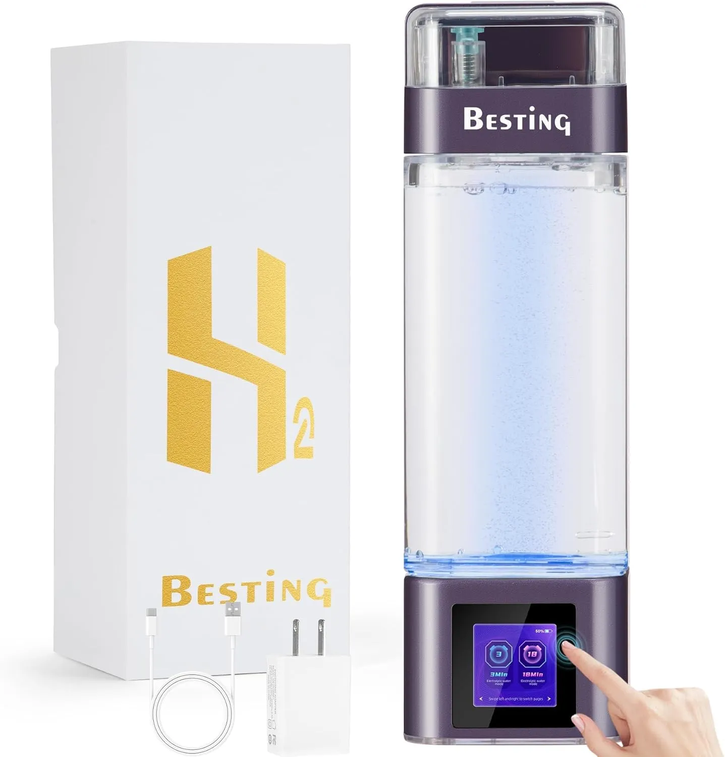 Hydrogen Water Bottle Deluxe Version, Up to 9000ppb Concentration, Upgrade Smart Touchscreen Control SPE Hydrogen Generator with LED Display Portable Hydrogen Water Machine 350ml