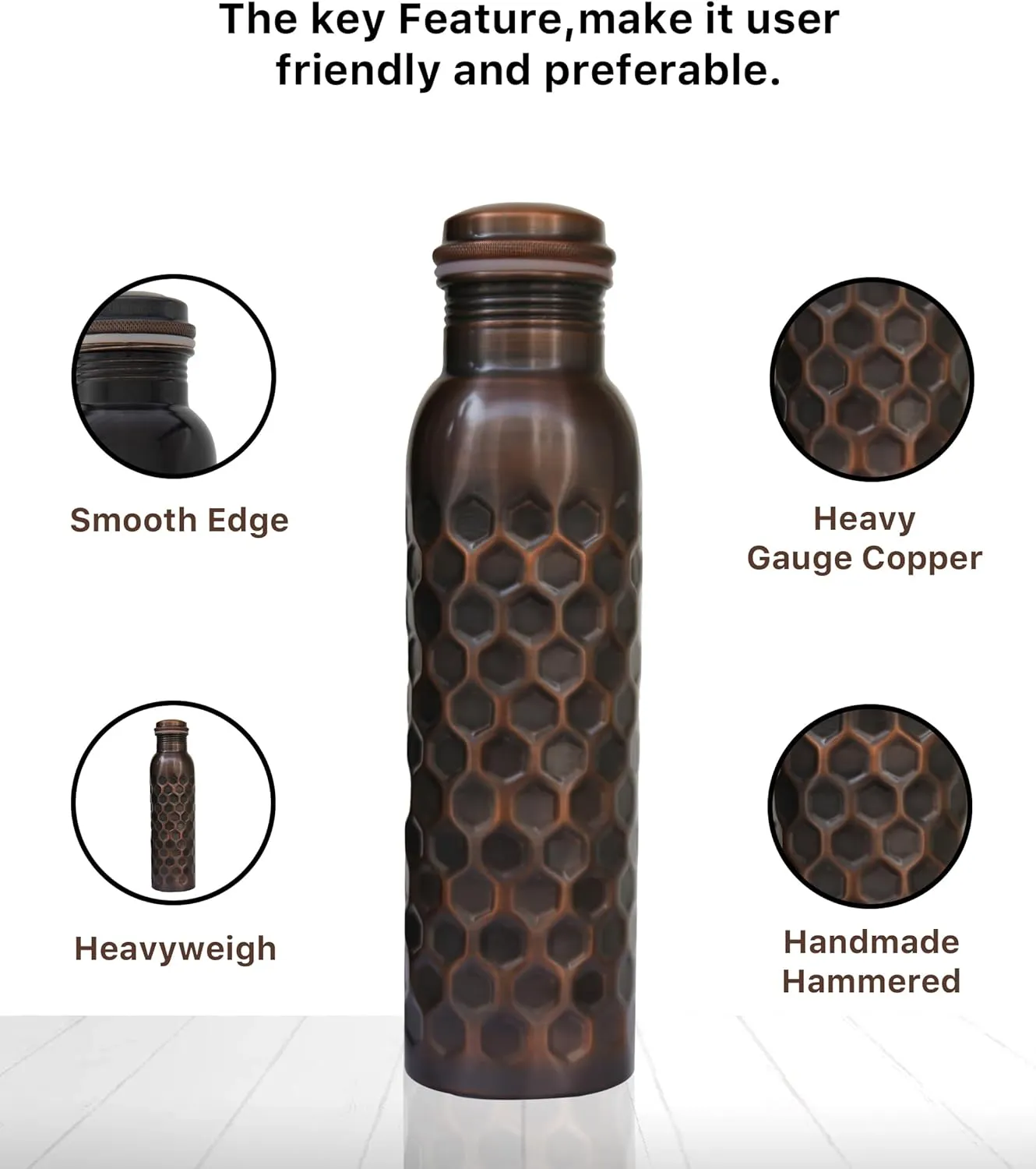 HYGGE 34oz (1L) Pure Copper Water Bottle – Leak-Proof Ayurvedic Copper Bottle for Drinking – Antique Hammered Design – Ideal for Yoga, Gym, Fitness & Outdoor – Natural Wellness Benefits