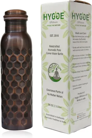 HYGGE 34oz (1L) Pure Copper Water Bottle – Leak-Proof Ayurvedic Copper Bottle for Drinking – Antique Hammered Design – Ideal for Yoga, Gym, Fitness & Outdoor – Natural Wellness Benefits