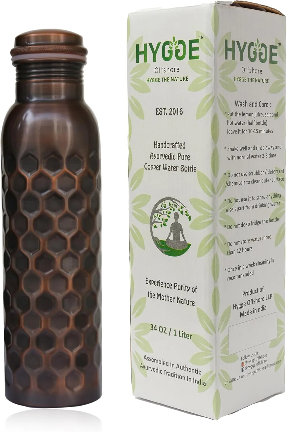 HYGGE 34oz (1L) Pure Copper Water Bottle – Leak-Proof Ayurvedic Copper Bottle for Drinking – Antique Hammered Design – Ideal for Yoga, Gym, Fitness & Outdoor – Natural Wellness Benefits