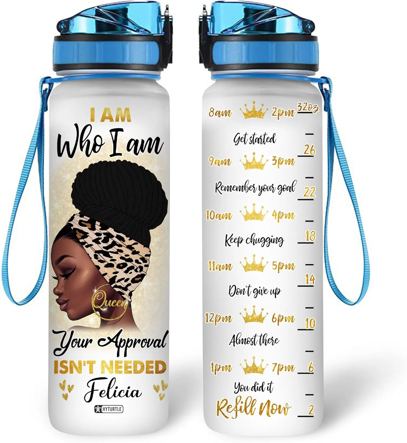 Hyturtle I Am Who I Am Motivational 32Oz Liter Water Bottle, Customized Africa American Bottle With Time Marker, Gifts For Black Women, Girls On Birthday, Mother's Day
