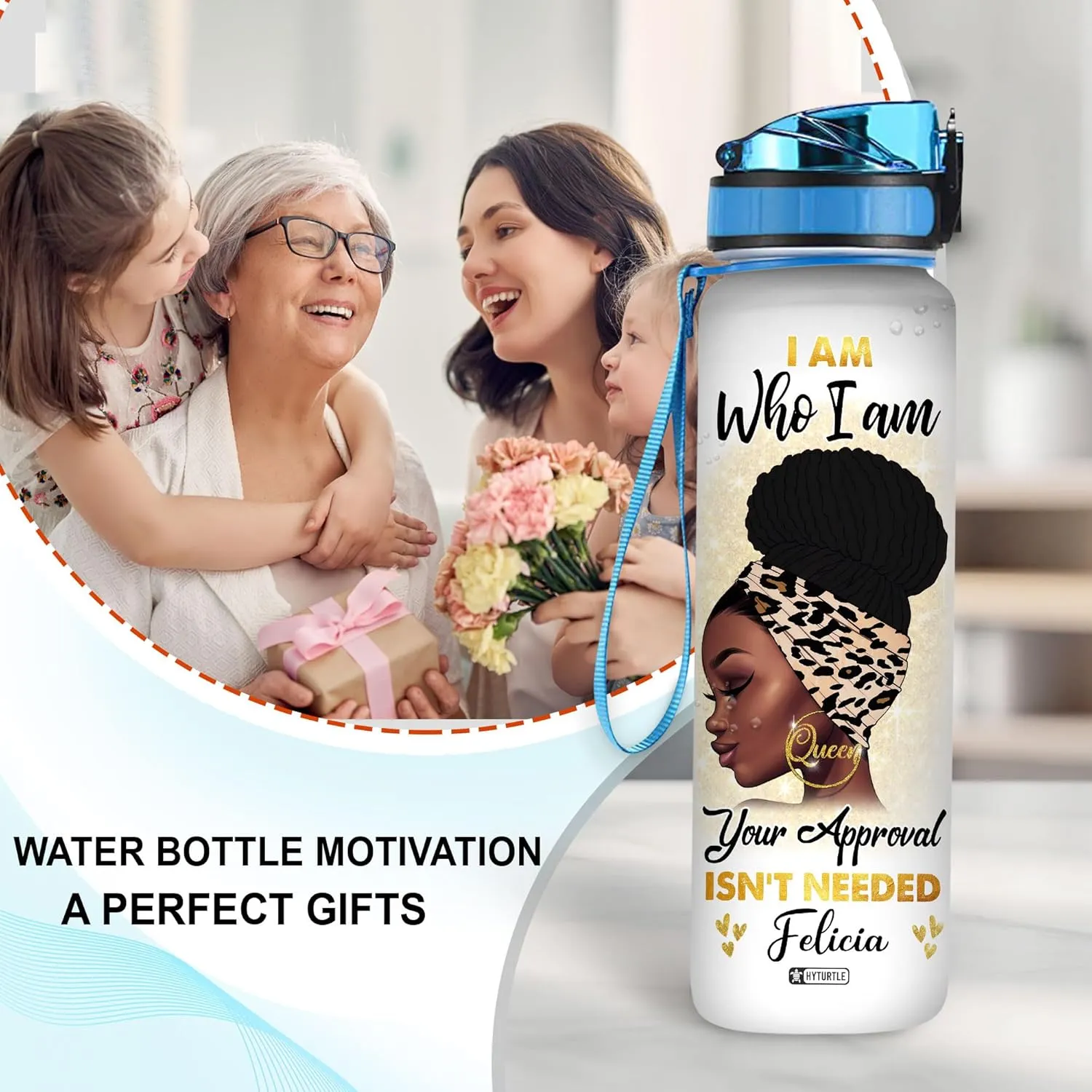Hyturtle I Am Who I Am Motivational 32Oz Liter Water Bottle, Customized Africa American Bottle With Time Marker, Gifts For Black Women, Girls On Birthday, Mother's Day
