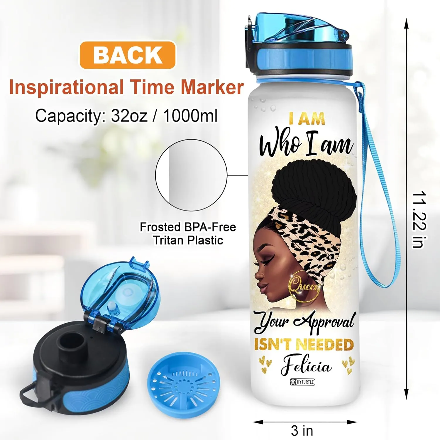 Hyturtle I Am Who I Am Motivational 32Oz Liter Water Bottle, Customized Africa American Bottle With Time Marker, Gifts For Black Women, Girls On Birthday, Mother's Day