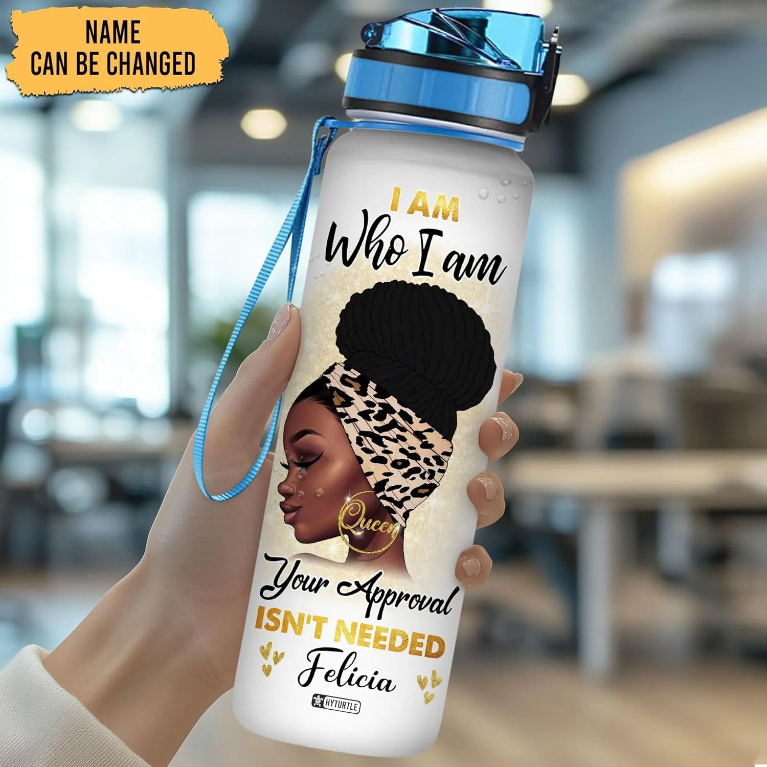 Hyturtle I Am Who I Am Motivational 32Oz Liter Water Bottle, Customized Africa American Bottle With Time Marker, Gifts For Black Women, Girls On Birthday, Mother's Day