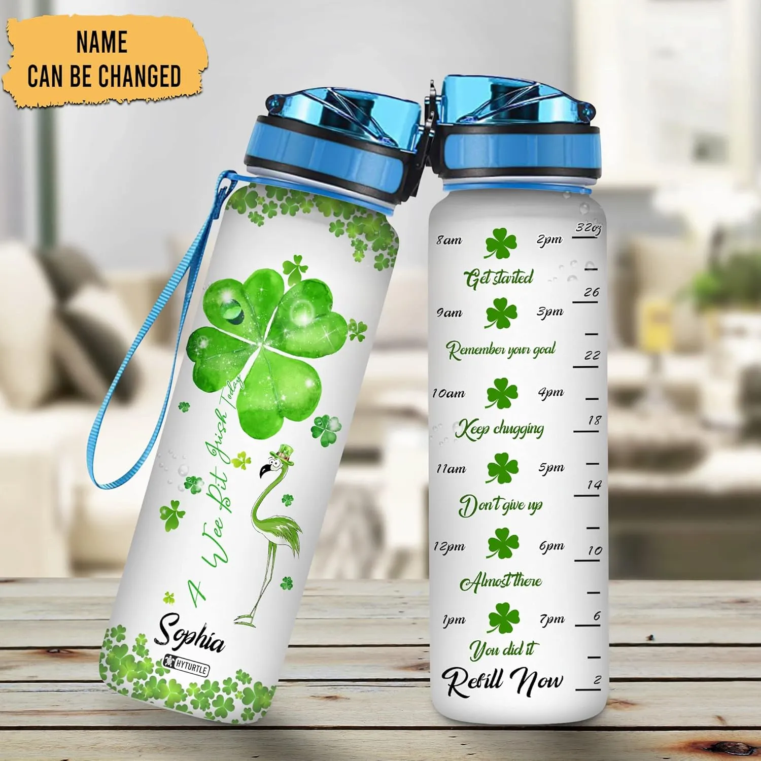 Hyturtle Personalized A Wee Bit Irish Today Flamingo 32oz Liter Motivational Water Bottle, Customized Name Tracking Water Bottle Gifts For Women Girls Friend Flamingo Lovers On Birthday, Mother's Day