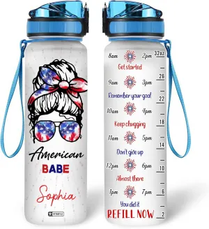 Hyturtle Personalized American Base Flag Firework Bun Hair Girl 32oz Liter Motivational Water Bottle, Customized Name With Time Marker, Gifts For Women On Birthday, Independence Day, 4th Of July