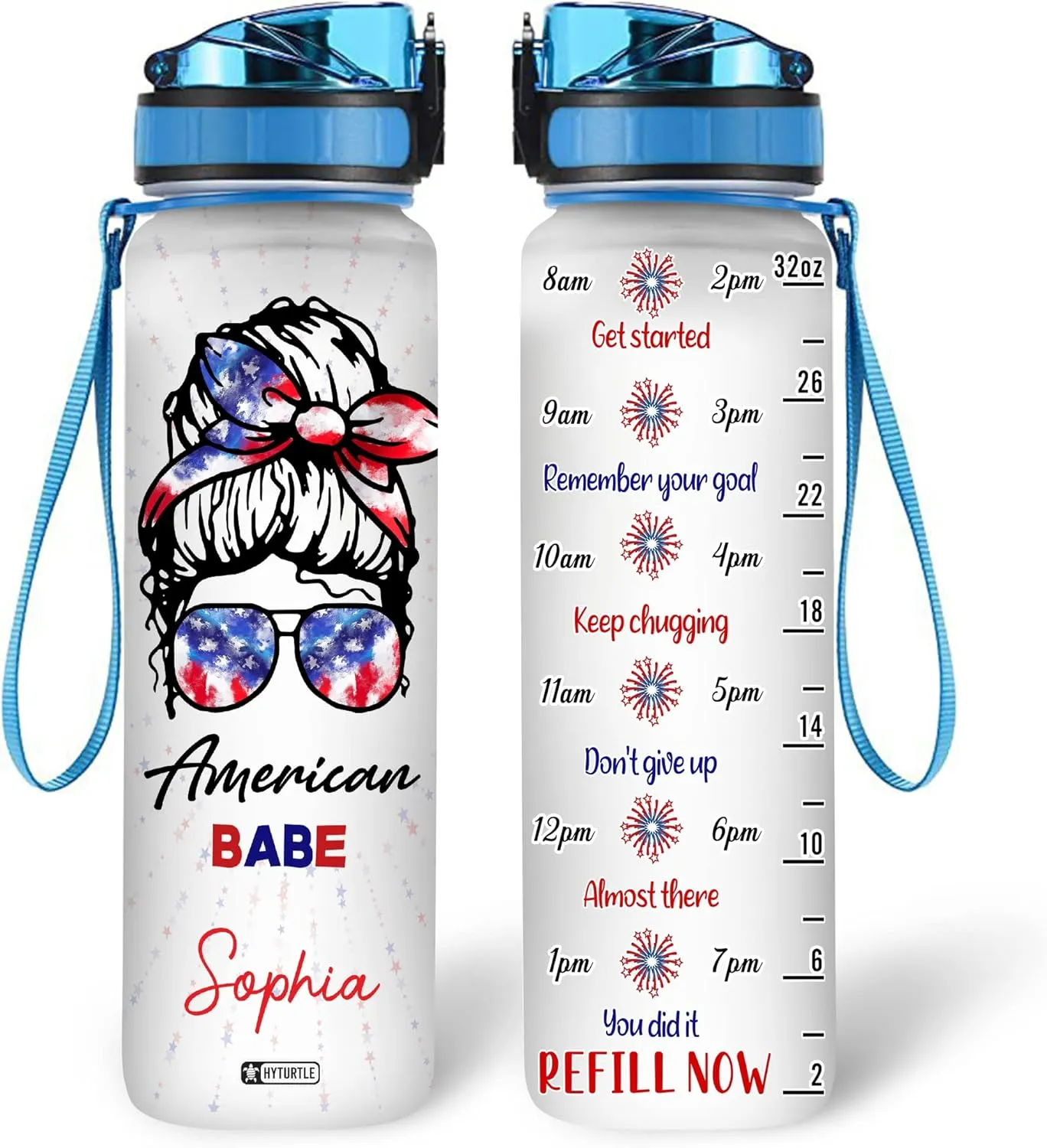 Hyturtle Personalized American Base Flag Firework Bun Hair Girl 32oz Liter Motivational Water Bottle, Customized Name With Time Marker, Gifts For Women On Birthday, Independence Day, 4th Of July