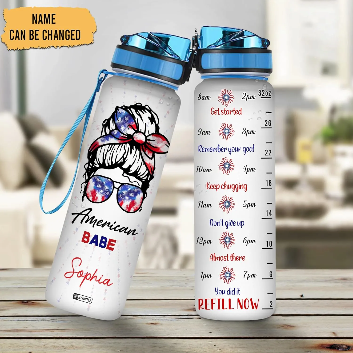 Hyturtle Personalized American Base Flag Firework Bun Hair Girl 32oz Liter Motivational Water Bottle, Customized Name With Time Marker, Gifts For Women On Birthday, Independence Day, 4th Of July