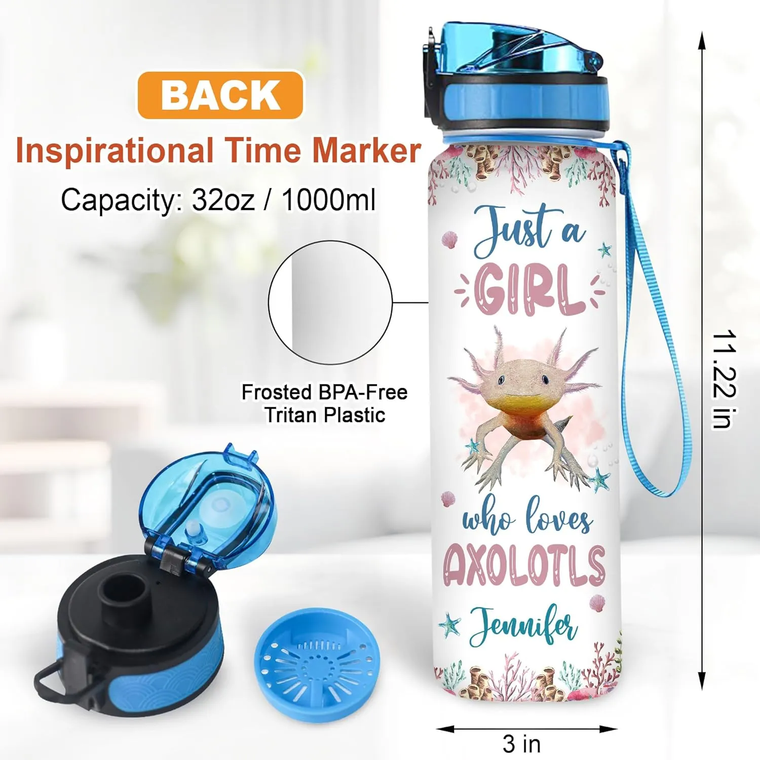 Hyturtle Personalized Axolotl Lovers 32 Oz 1Liter Motivational Water Bottle With Time Marker, Just A Girl Who Loves Axolotls, Sea Animal Lovers Gifts For Women, Girl On Birthday, Christmas