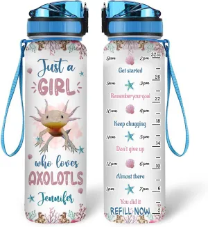 Hyturtle Personalized Axolotl Lovers 32 Oz 1Liter Motivational Water Bottle With Time Marker, Just A Girl Who Loves Axolotls, Sea Animal Lovers Gifts For Women, Girl On Birthday, Christmas