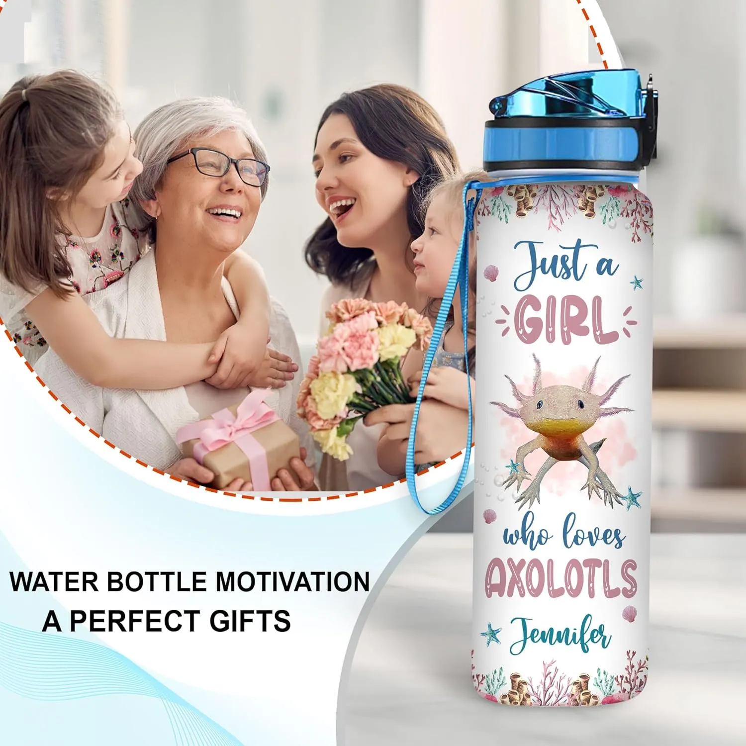 Hyturtle Personalized Axolotl Lovers 32 Oz 1Liter Motivational Water Bottle With Time Marker, Just A Girl Who Loves Axolotls, Sea Animal Lovers Gifts For Women, Girl On Birthday, Christmas