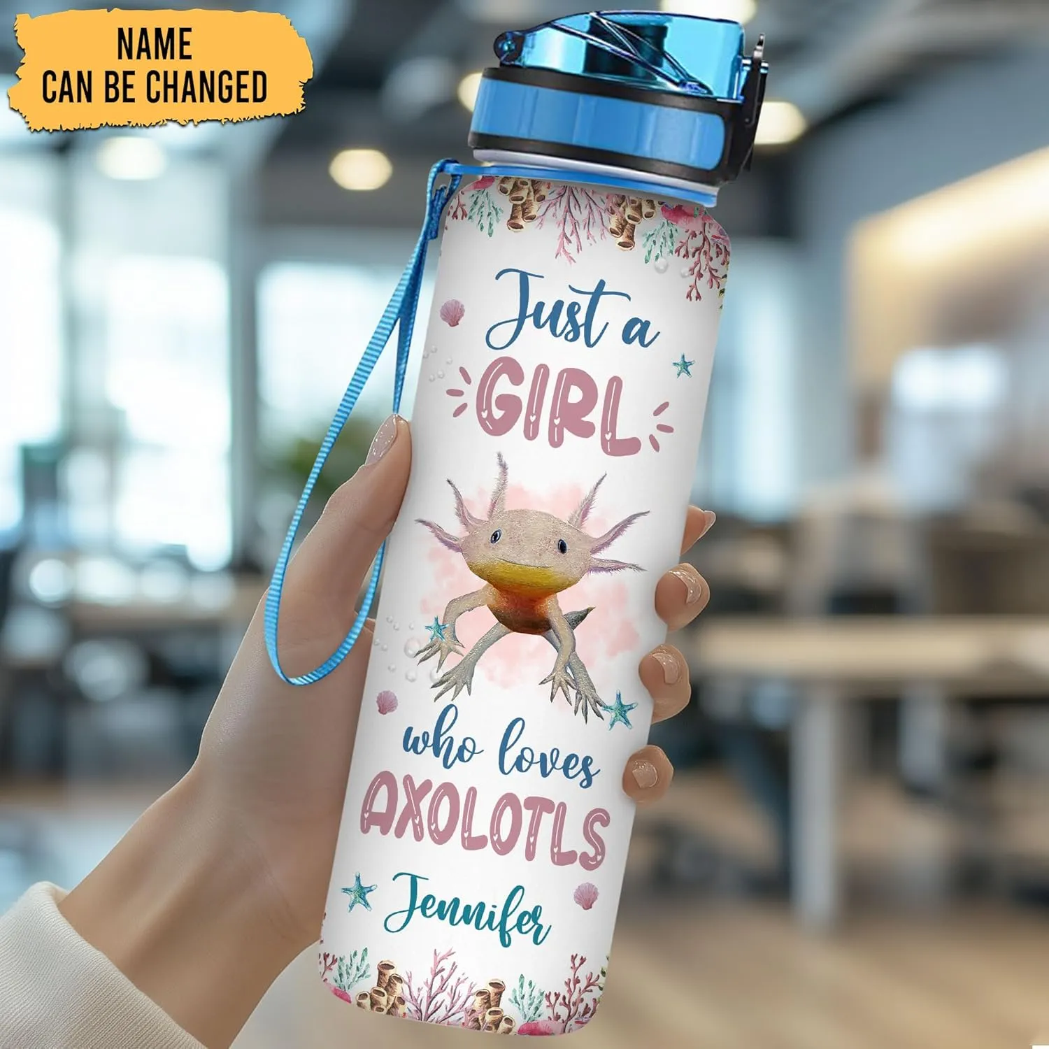 Hyturtle Personalized Axolotl Lovers 32 Oz 1Liter Motivational Water Bottle With Time Marker, Just A Girl Who Loves Axolotls, Sea Animal Lovers Gifts For Women, Girl On Birthday, Christmas