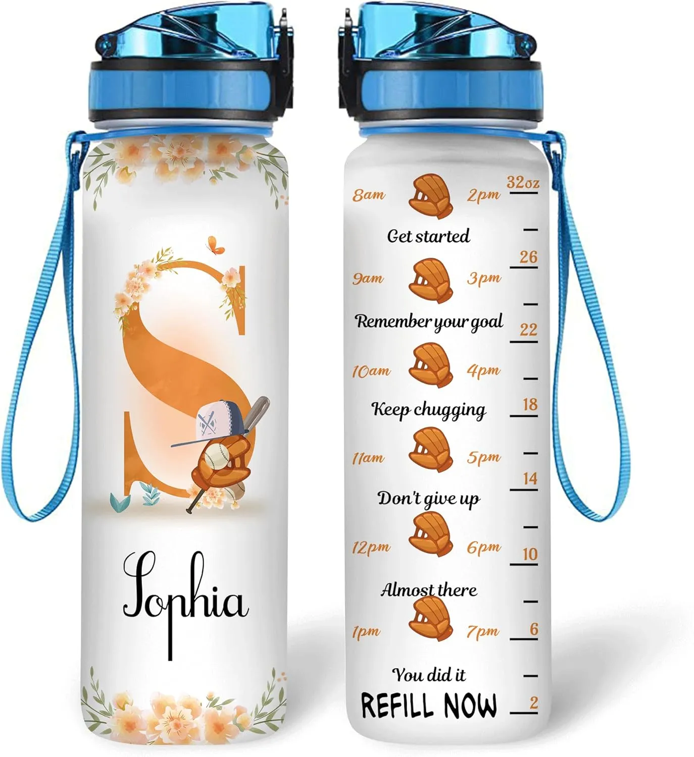 Hyturtle Personalized Baseball 32 Oz Motivational Water Bottle, Baseball Custom Name Water Bottle Gifts For Women Men Boys Sport Lovers On Birthday Mother's Day