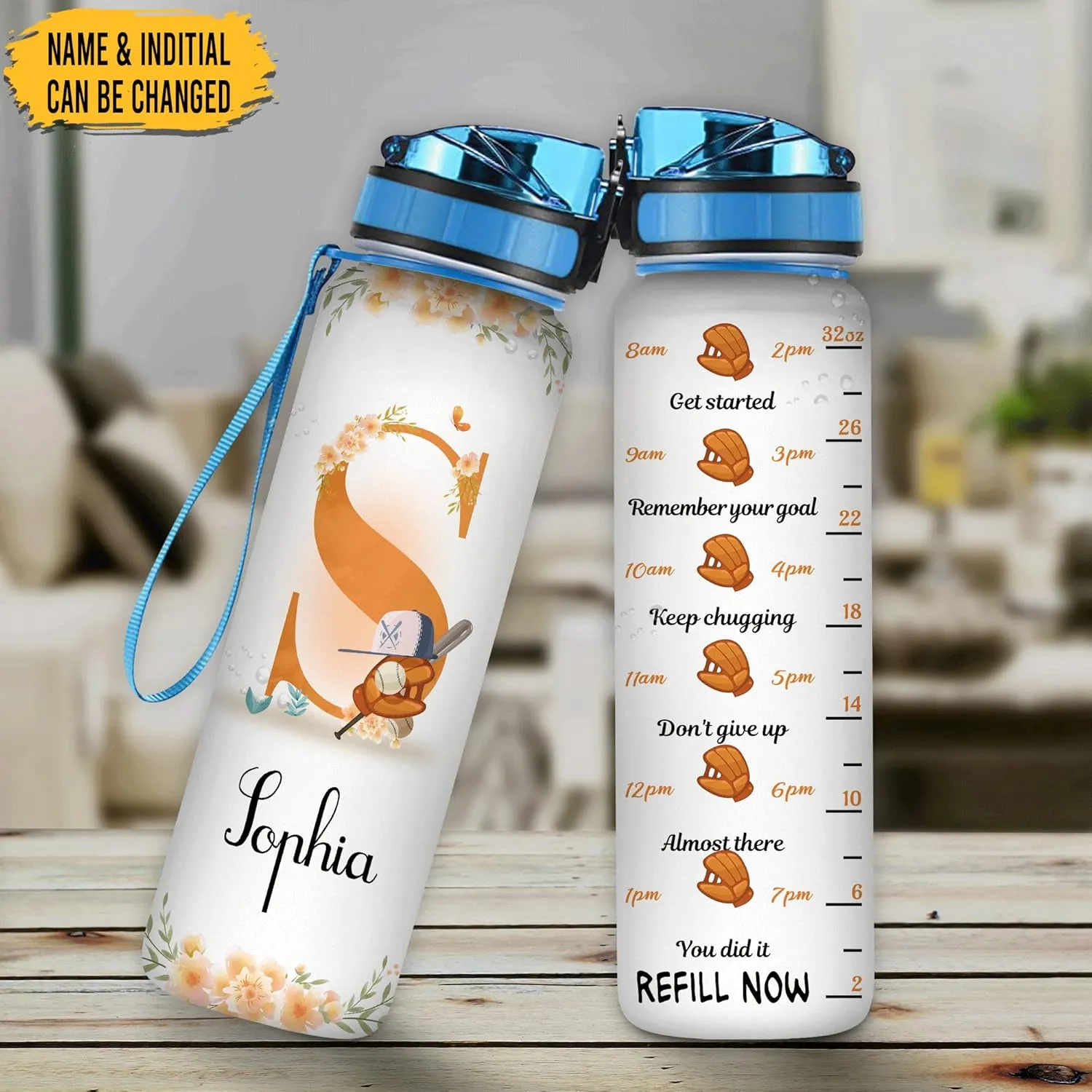 Hyturtle Personalized Baseball 32 Oz Motivational Water Bottle, Baseball Custom Name Water Bottle Gifts For Women Men Boys Sport Lovers On Birthday Mother's Day
