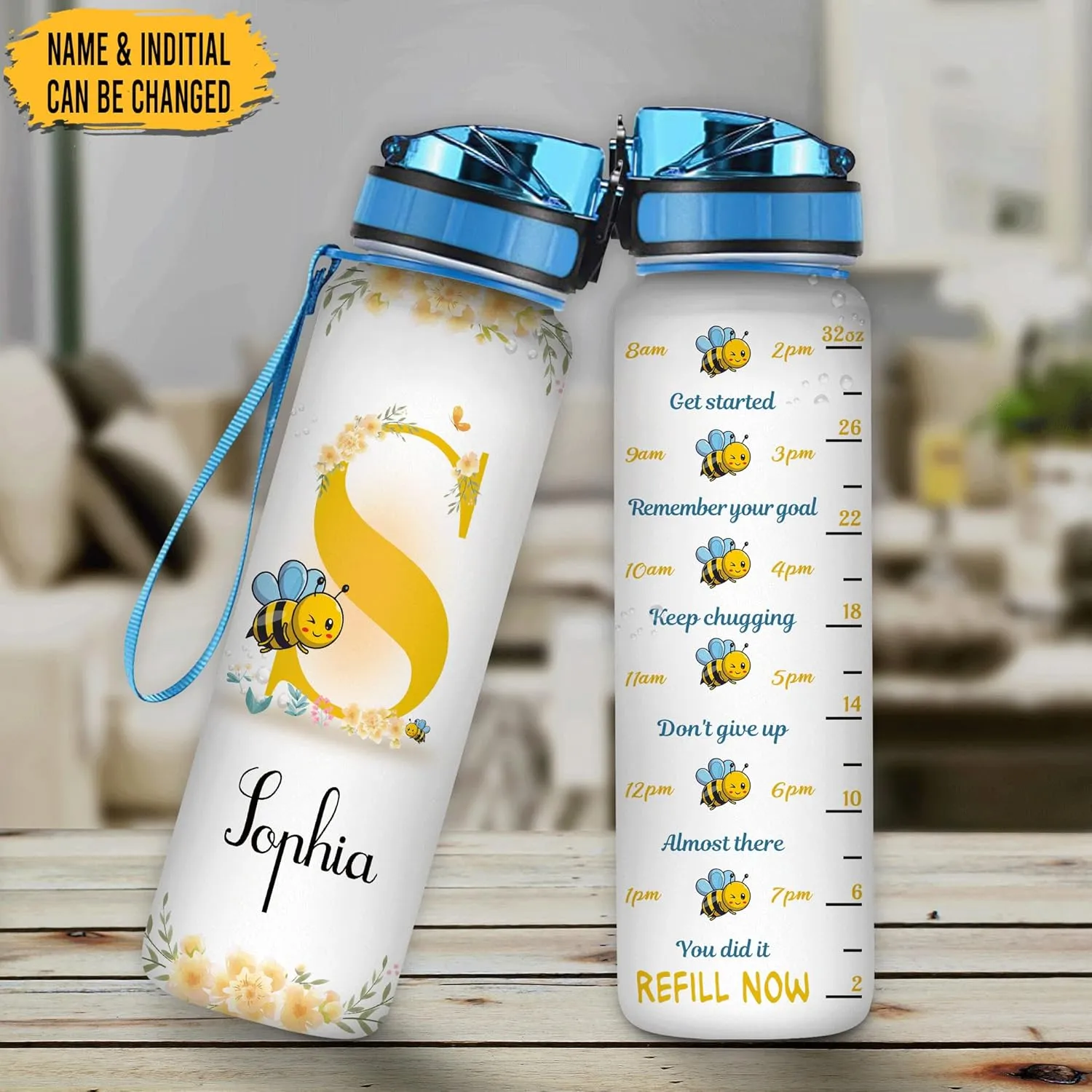 Hyturtle Personalized Bee Lovers 32 Oz 1Liter Motivational Water Bottle, Bee Honey Customized Name Water Bottle With Time Marker, Animal Lovers Gifts For Women Girl On Birthday, Mother Day's
