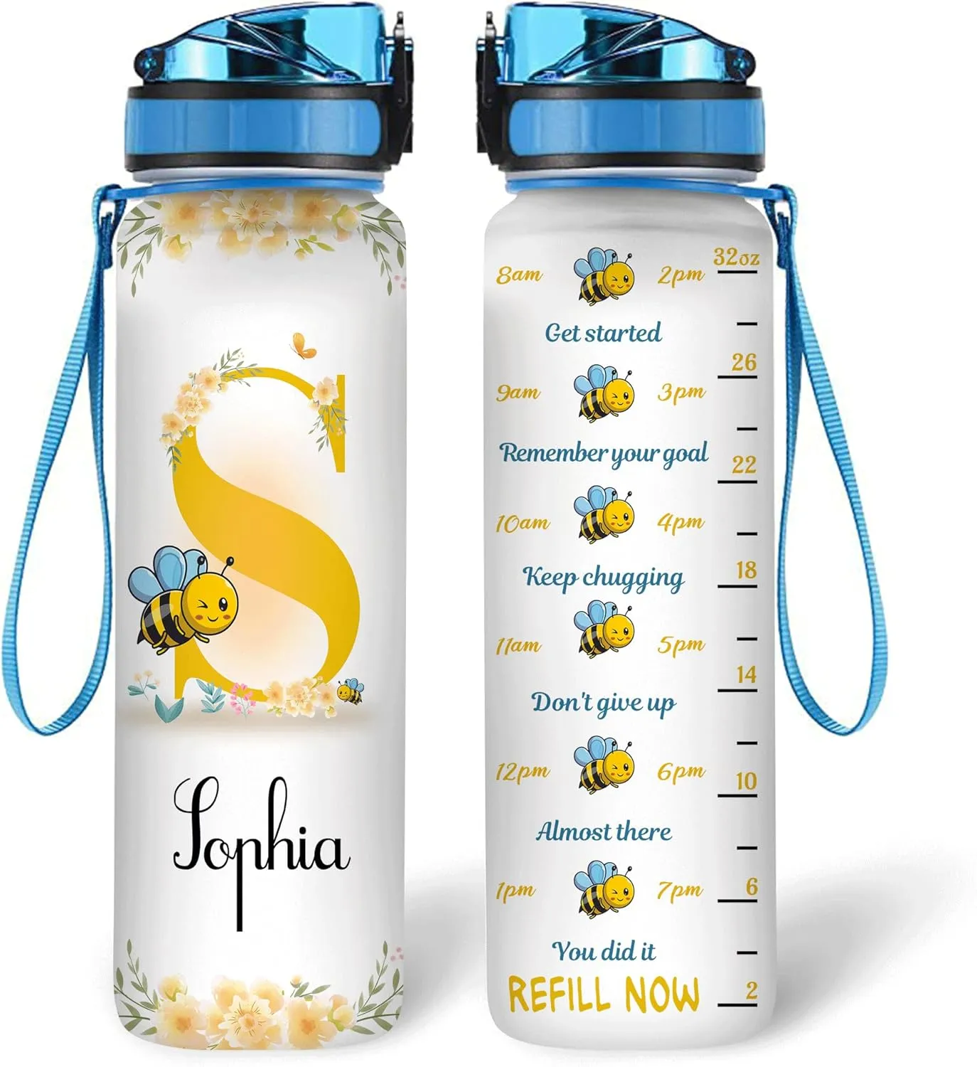 Hyturtle Personalized Bee Lovers 32 Oz 1Liter Motivational Water Bottle, Bee Honey Customized Name Water Bottle With Time Marker, Animal Lovers Gifts For Women Girl On Birthday, Mother Day's