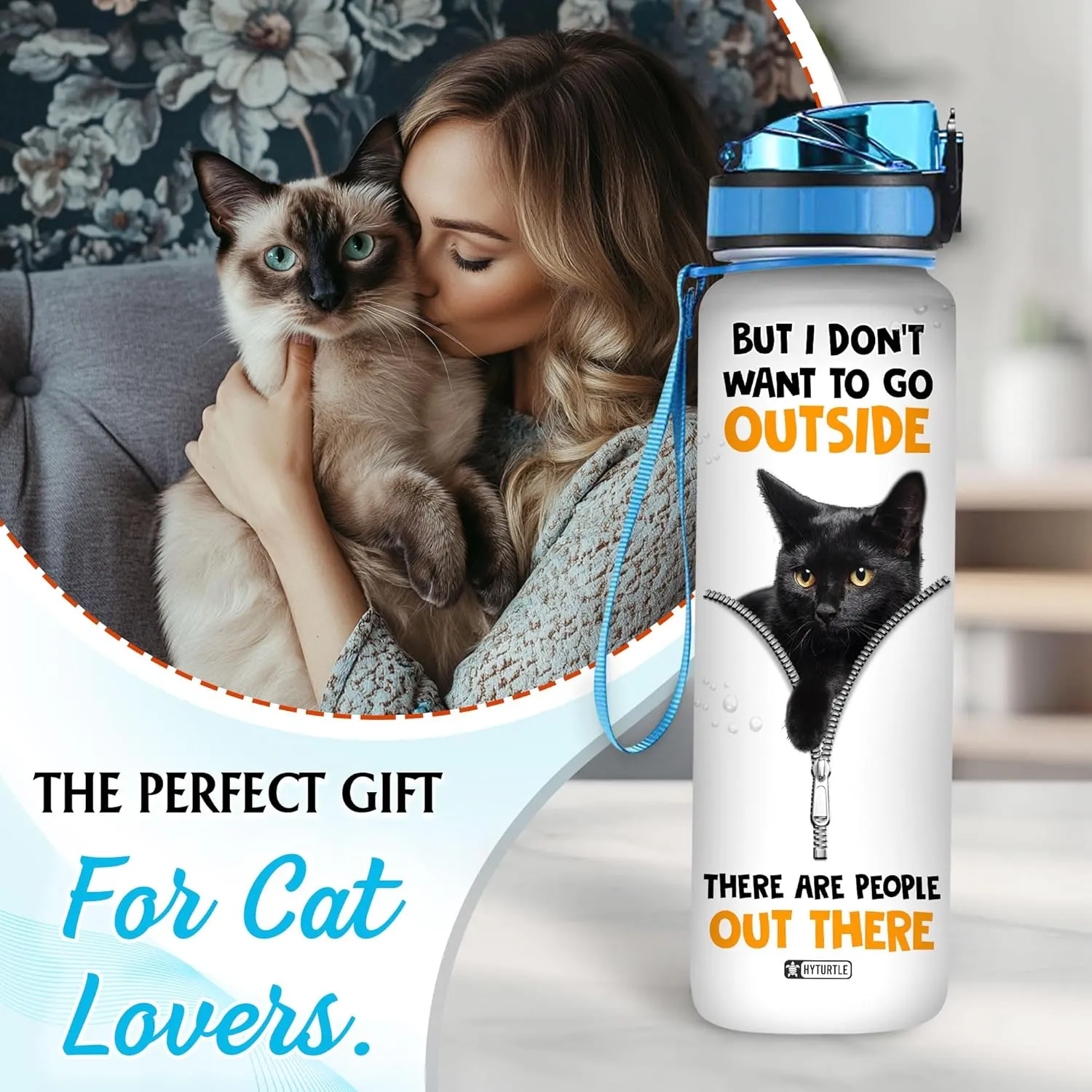 Hyturtle Personalized Cat Water Bottle - 32oz Motivational Water Bottle with Leak-Proof Lid & Time Marker - Custom Name Gift for Black Cat Lovers, Women, Girls - Birthday & Christmas Gift