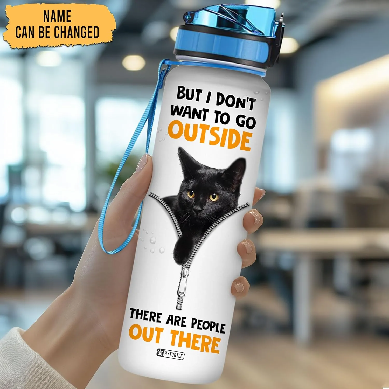 Hyturtle Personalized Cat Water Bottle - 32oz Motivational Water Bottle with Leak-Proof Lid & Time Marker - Custom Name Gift for Black Cat Lovers, Women, Girls - Birthday & Christmas Gift