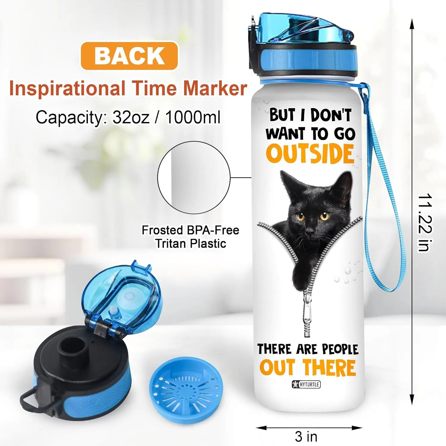 Hyturtle Personalized Cat Water Bottle - 32oz Motivational Water Bottle with Leak-Proof Lid & Time Marker - Custom Name Gift for Black Cat Lovers, Women, Girls - Birthday & Christmas Gift
