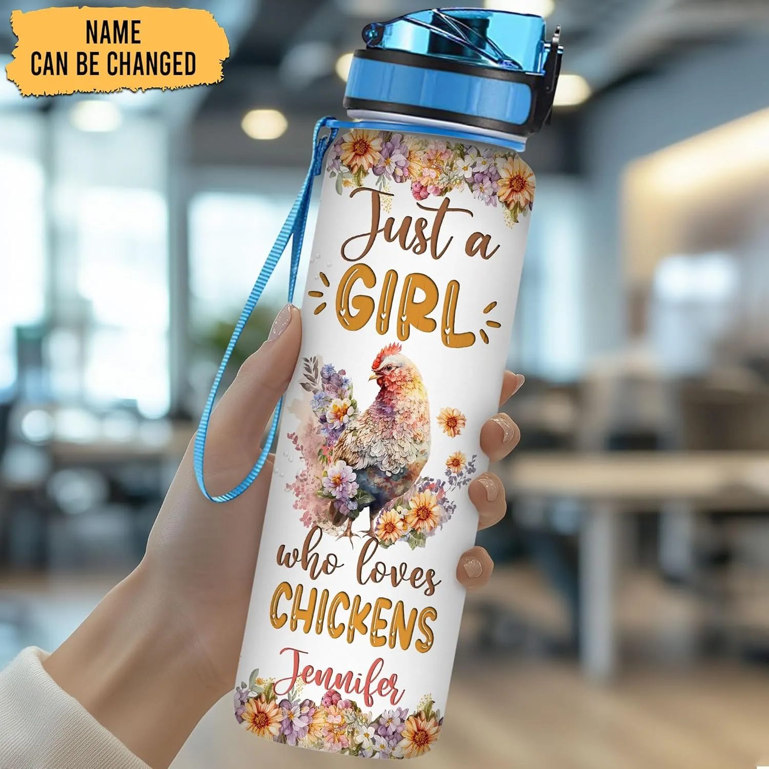 Hyturtle Personalized Chicken Lovers 32 Oz 1Liter Motivational Water Bottle With Time Marker, Just A Girl Who Loves Chickens, Animal Lovers Gifts For Women, Girl On Birthday, Christmas