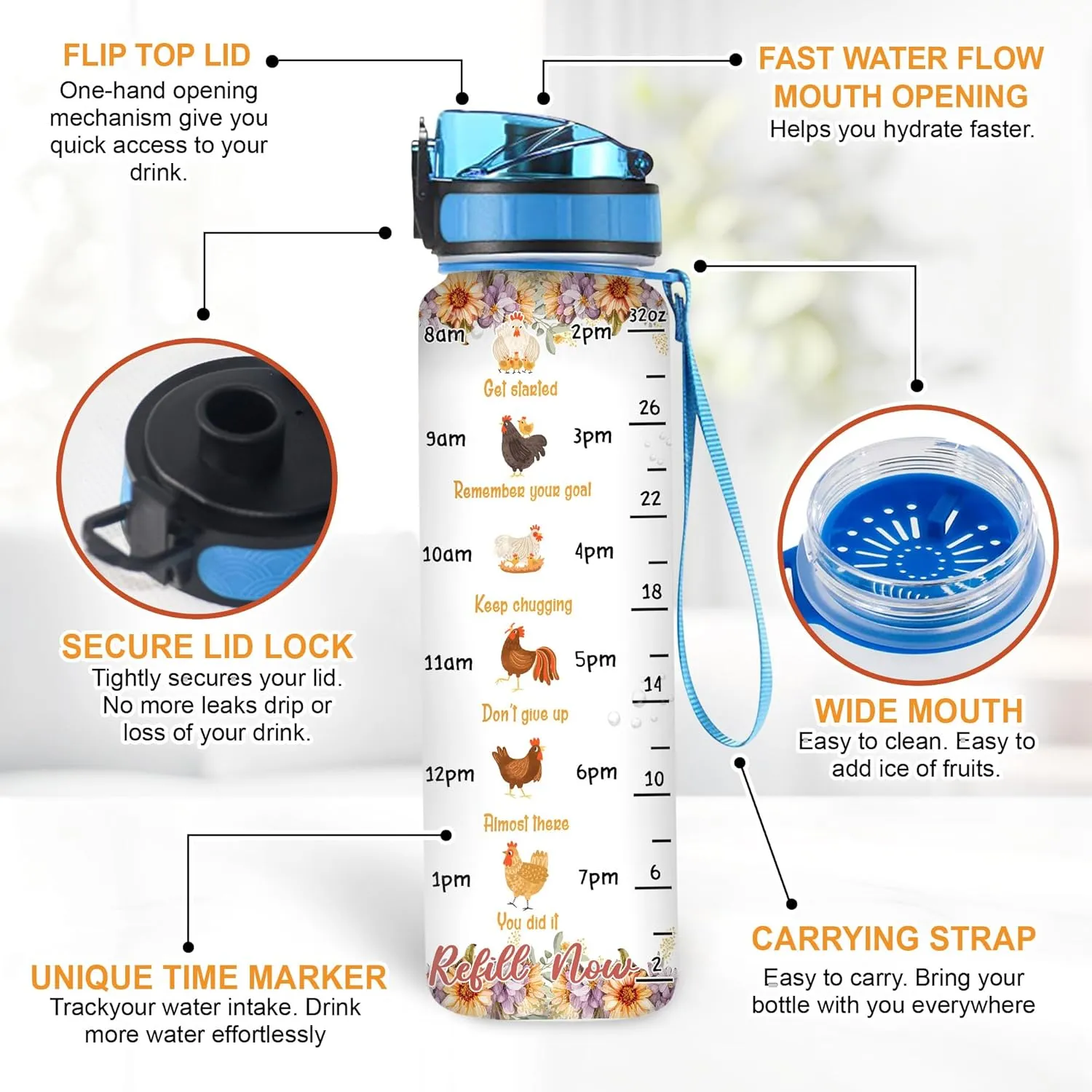 Hyturtle Personalized Chicken Lovers 32 Oz 1Liter Motivational Water Bottle With Time Marker, Just A Girl Who Loves Chickens, Animal Lovers Gifts For Women, Girl On Birthday, Christmas