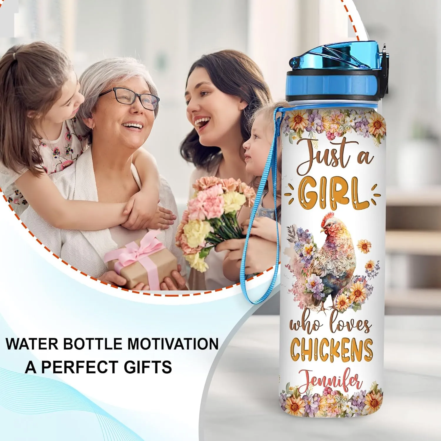 Hyturtle Personalized Chicken Lovers 32 Oz 1Liter Motivational Water Bottle With Time Marker, Just A Girl Who Loves Chickens, Animal Lovers Gifts For Women, Girl On Birthday, Christmas
