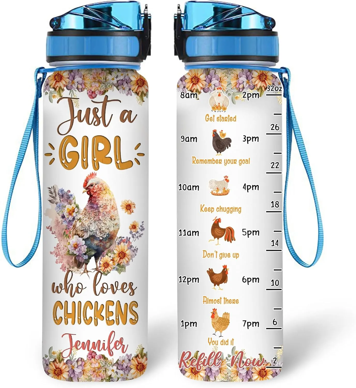 Hyturtle Personalized Chicken Lovers 32 Oz 1Liter Motivational Water Bottle With Time Marker, Just A Girl Who Loves Chickens, Animal Lovers Gifts For Women, Girl On Birthday, Christmas