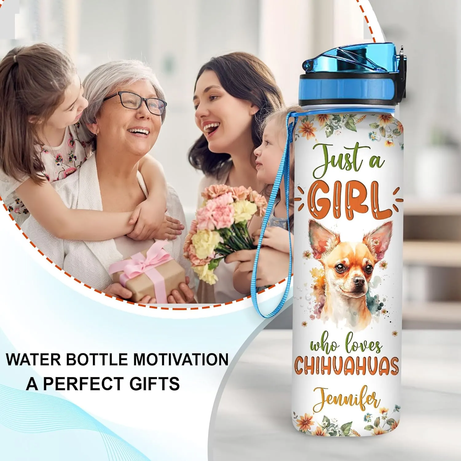 Hyturtle Personalized Chihuahua Dog Lovers 32 Oz 1Liter Motivational Water Bottle With Time Marker, Just A Girl Who Loves Dogs, Animal Lovers Gifts For Women, Girl On Birthday, Christmas