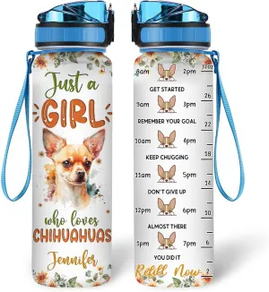 Hyturtle Personalized Chihuahua Dog Lovers 32 Oz 1Liter Motivational Water Bottle With Time Marker, Just A Girl Who Loves Dogs, Animal Lovers Gifts For Women, Girl On Birthday, Christmas