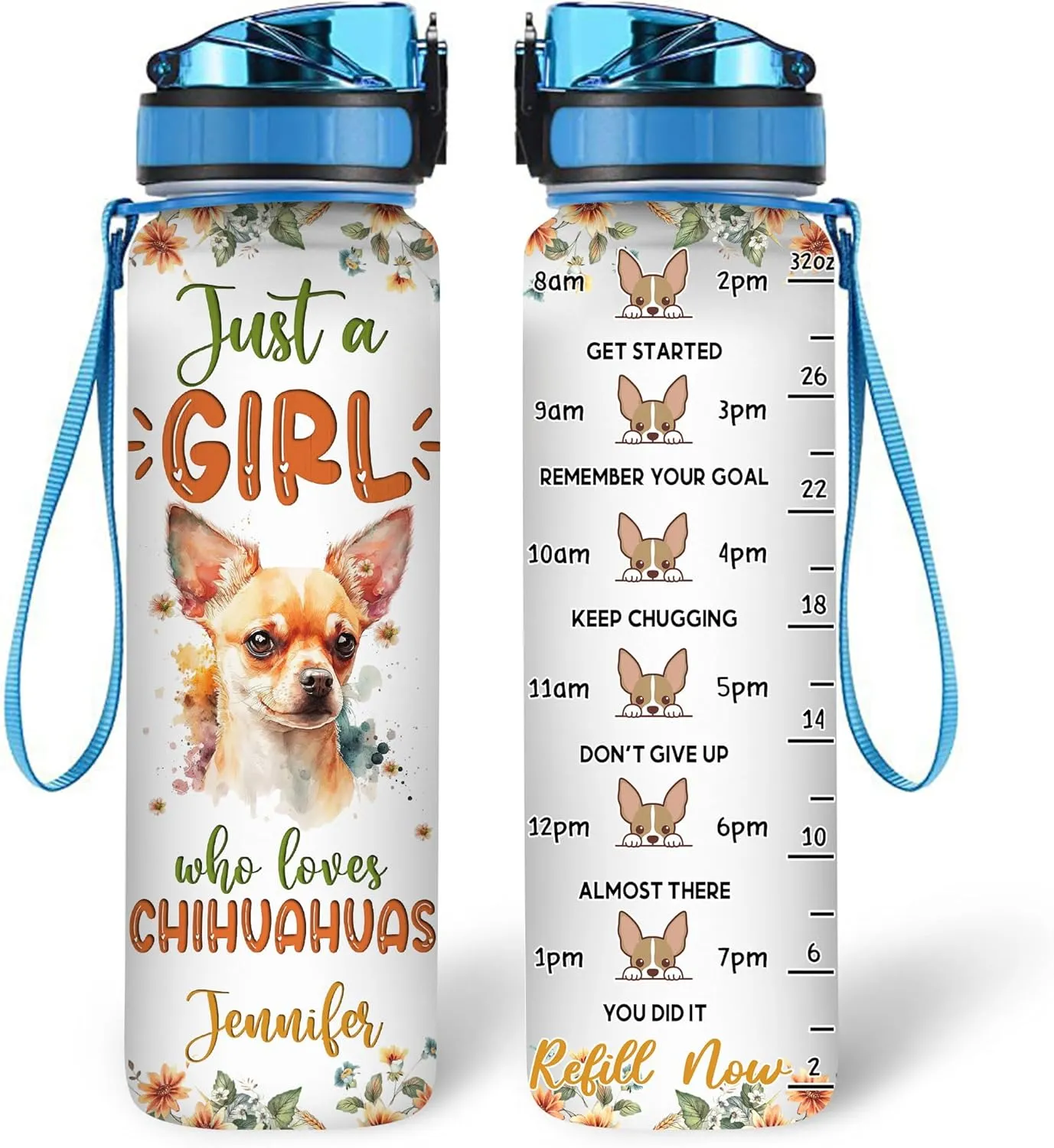 Hyturtle Personalized Chihuahua Dog Lovers 32 Oz 1Liter Motivational Water Bottle With Time Marker, Just A Girl Who Loves Dogs, Animal Lovers Gifts For Women, Girl On Birthday, Christmas