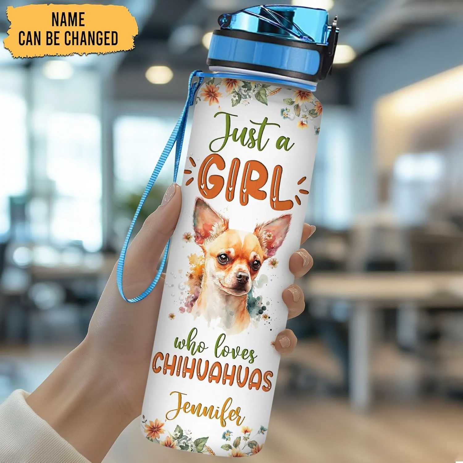 Hyturtle Personalized Chihuahua Dog Lovers 32 Oz 1Liter Motivational Water Bottle With Time Marker, Just A Girl Who Loves Dogs, Animal Lovers Gifts For Women, Girl On Birthday, Christmas