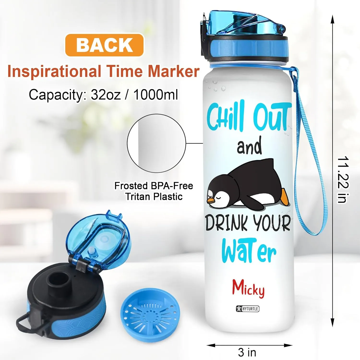 Hyturtle Personalized Chill Out And Drink Your Water Penguin 32Oz Liter Motivational Water Bottle, Customized Name With Time Marker, Gifts For Women Friend Kid Penguin Lovers On Birthday Mother's Day