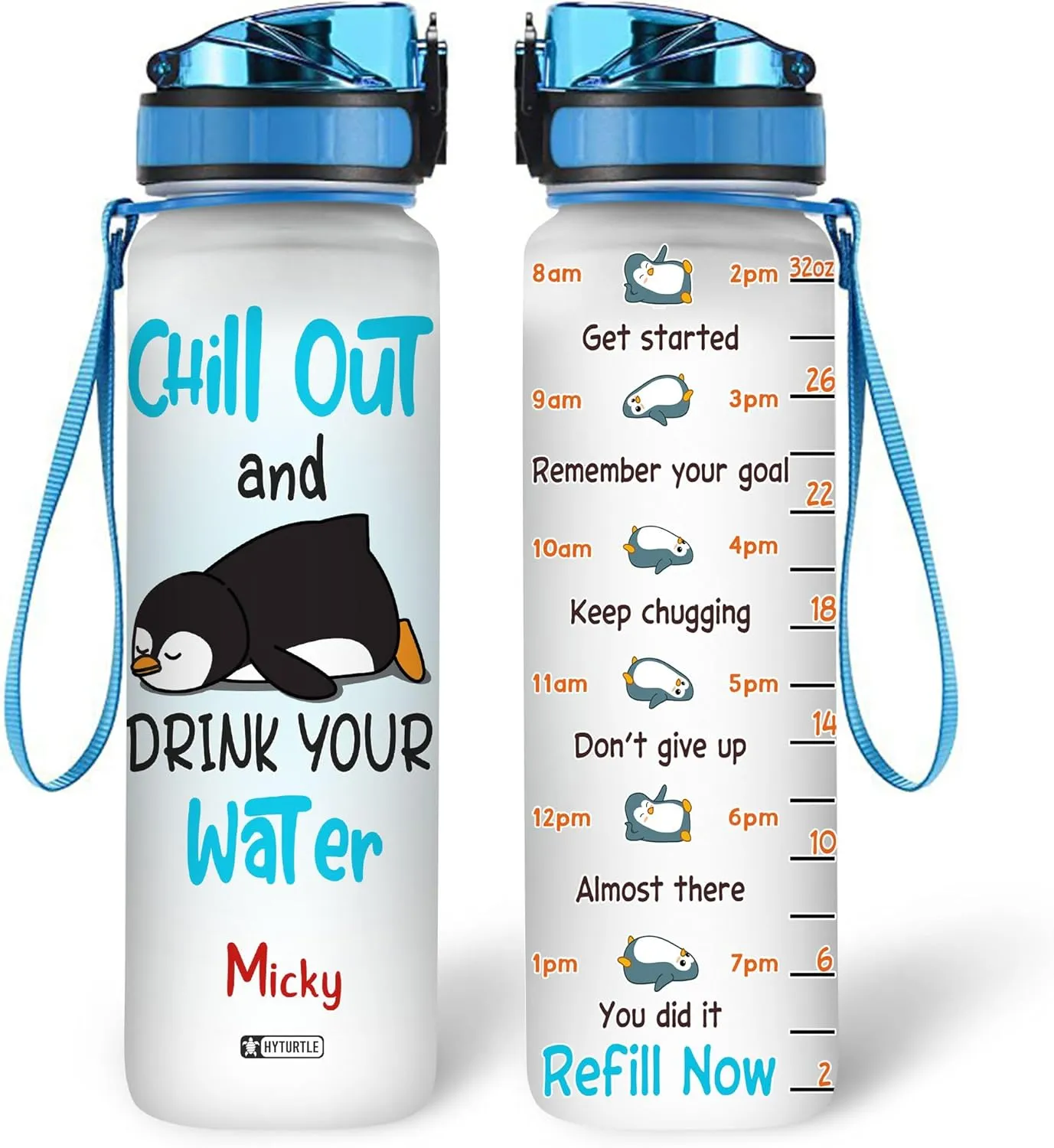 Hyturtle Personalized Chill Out And Drink Your Water Penguin 32Oz Liter Motivational Water Bottle, Customized Name With Time Marker, Gifts For Women Friend Kid Penguin Lovers On Birthday Mother's Day