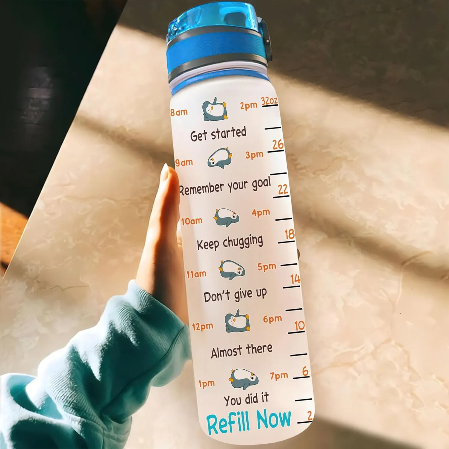 Hyturtle Personalized Chill Out And Drink Your Water Penguin 32Oz Liter Motivational Water Bottle, Customized Name With Time Marker, Gifts For Women Friend Kid Penguin Lovers On Birthday Mother's Day