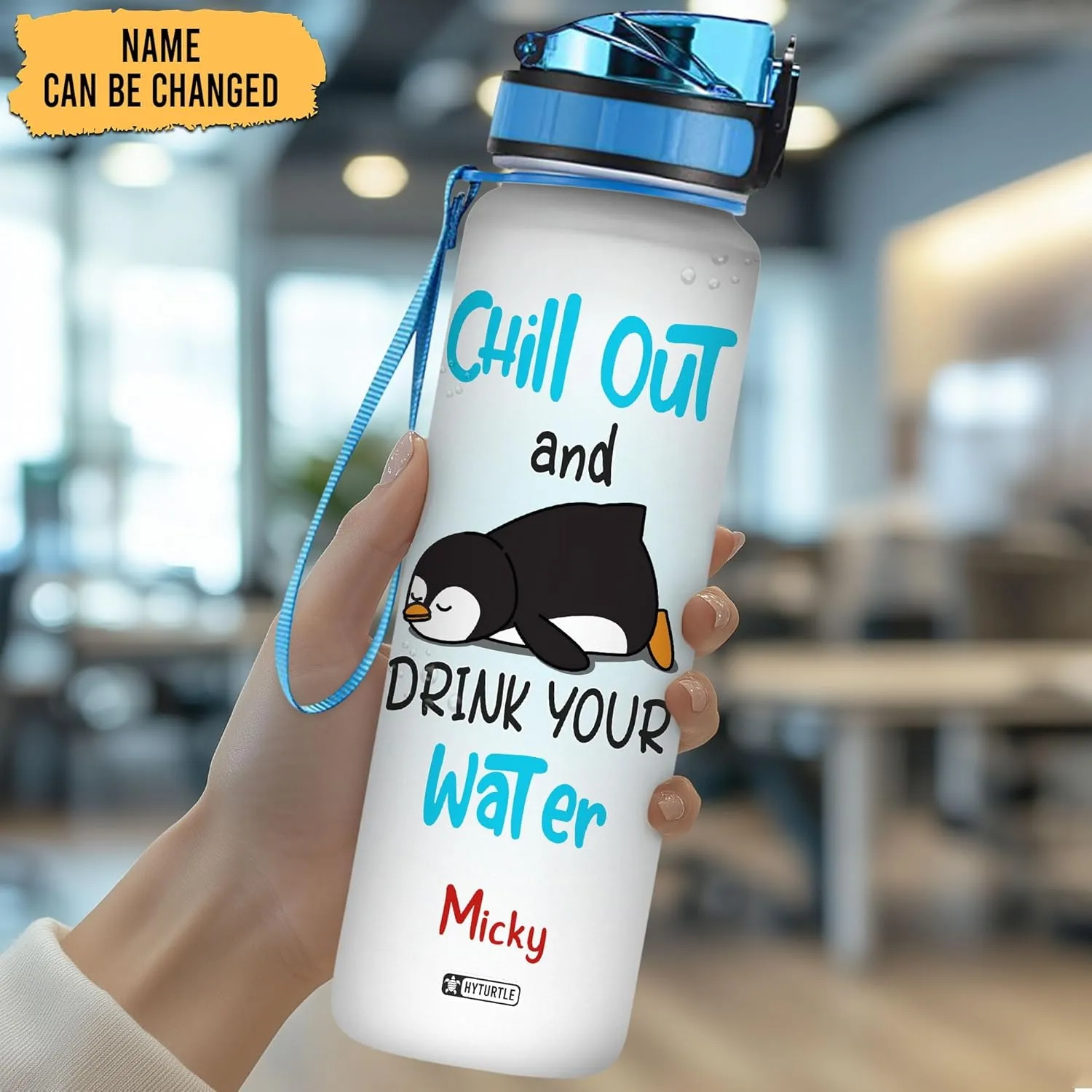 Hyturtle Personalized Chill Out And Drink Your Water Penguin 32Oz Liter Motivational Water Bottle, Customized Name With Time Marker, Gifts For Women Friend Kid Penguin Lovers On Birthday Mother's Day