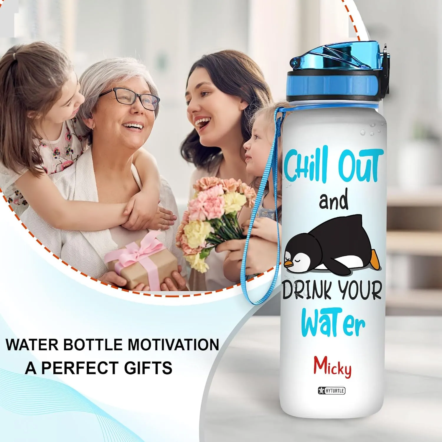 Hyturtle Personalized Chill Out And Drink Your Water Penguin 32Oz Liter Motivational Water Bottle, Customized Name With Time Marker, Gifts For Women Friend Kid Penguin Lovers On Birthday Mother's Day