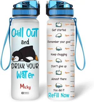 Hyturtle Personalized Chill Out And Drink Your Water Penguin 32Oz Liter Motivational Water Bottle, Customized Name With Time Marker, Gifts For Women Friend Kid Penguin Lovers On Birthday Mother's Day