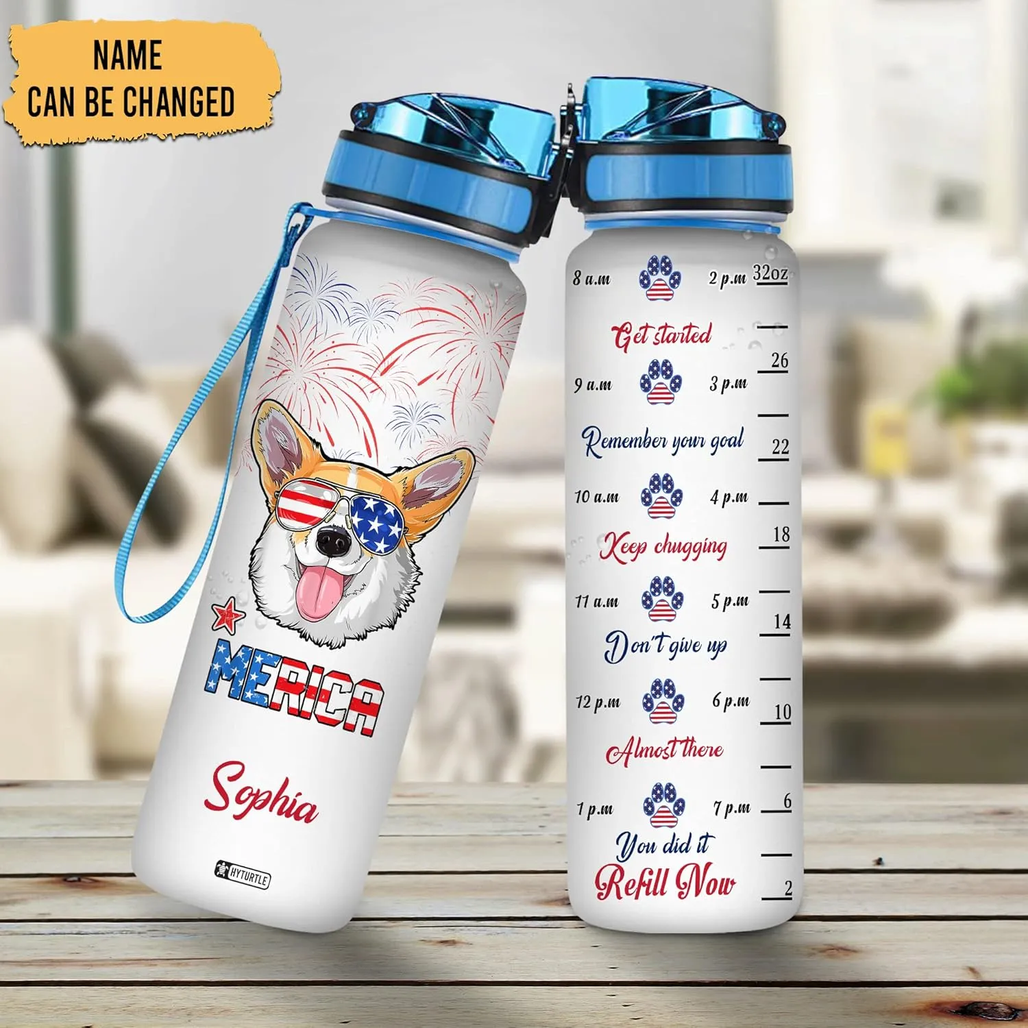 Hyturtle Personalized Corgi American Flag Firework 32oz Liter Motivational Water Bottle, Customized Name With Time Marker, Gifts For Women Men Family Corgi Lover On Independence Day, 4th Of July