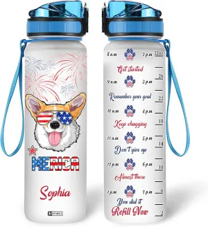 Hyturtle Personalized Corgi American Flag Firework 32oz Liter Motivational Water Bottle, Customized Name With Time Marker, Gifts For Women Men Family Corgi Lover On Independence Day, 4th Of July