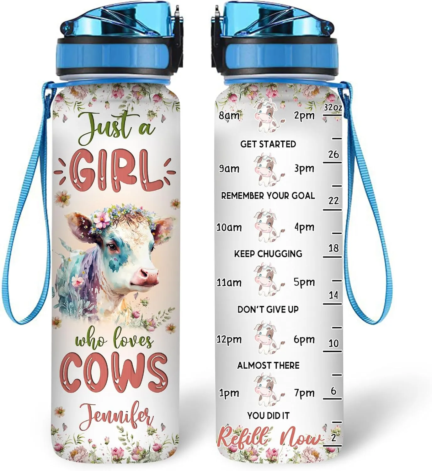 Hyturtle Personalized Cow Lovers 32 Oz 1Liter Motivational Water Bottle With Time Marker, Just A Girl Who Loves Cows, Animal Lovers Gifts For Women, Girl On Birthday, Christmas