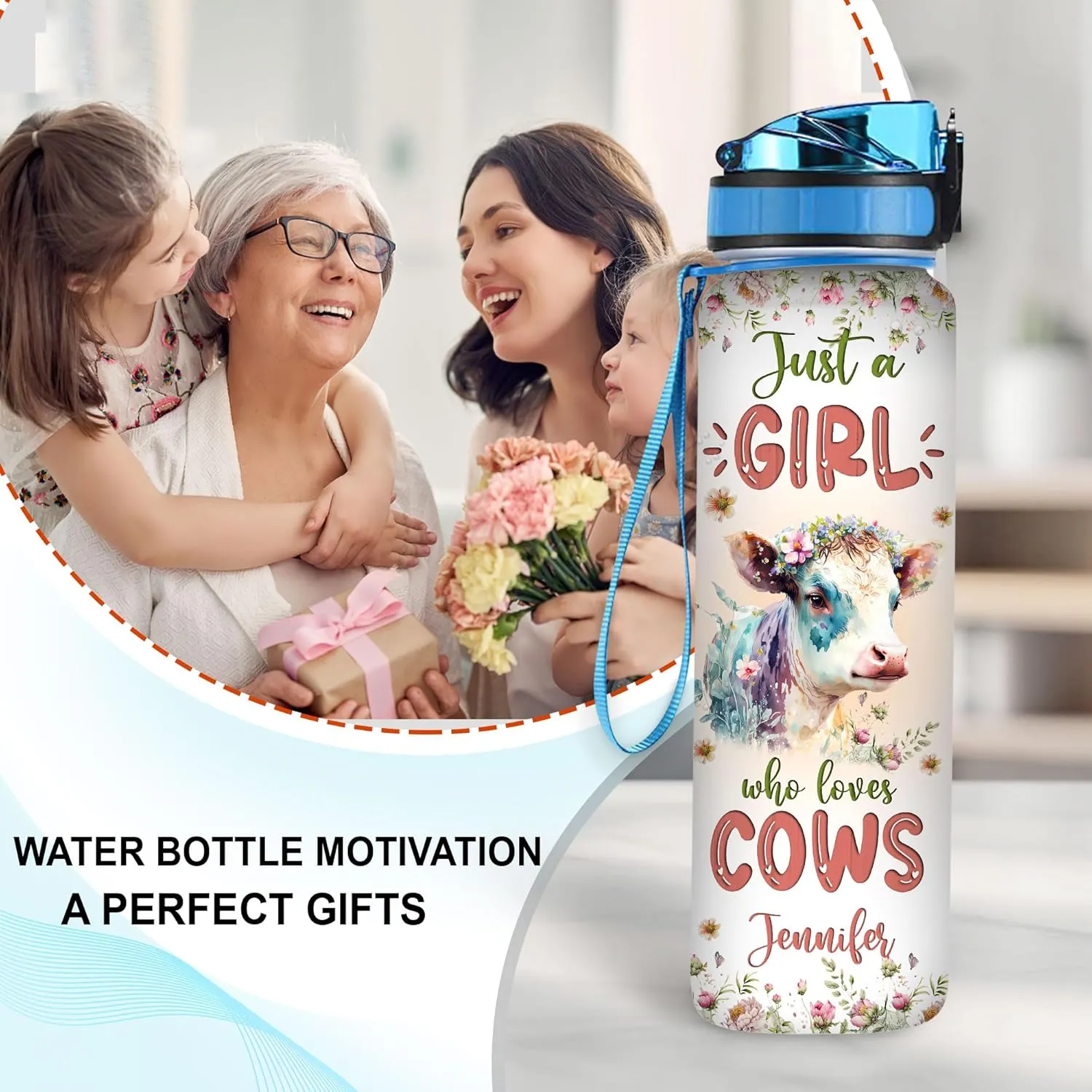 Hyturtle Personalized Cow Lovers 32 Oz 1Liter Motivational Water Bottle With Time Marker, Just A Girl Who Loves Cows, Animal Lovers Gifts For Women, Girl On Birthday, Christmas